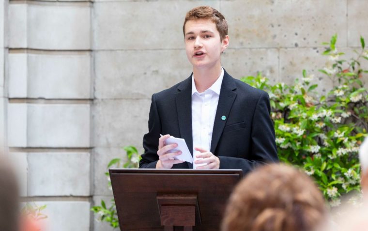 Huw Jones delivering a speech
