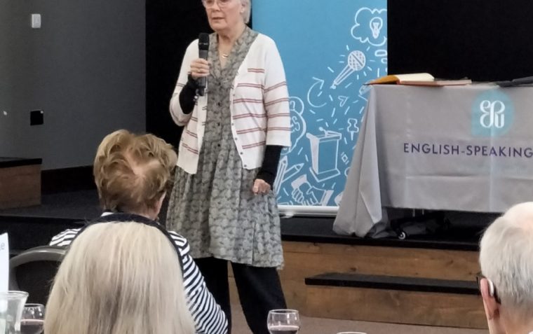 Gail Stuart, daughter of the late Eric Morecambe, speaking to an audience at the Ouse Valley Branch