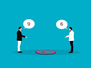 infographic of two men looking at a number 6/9